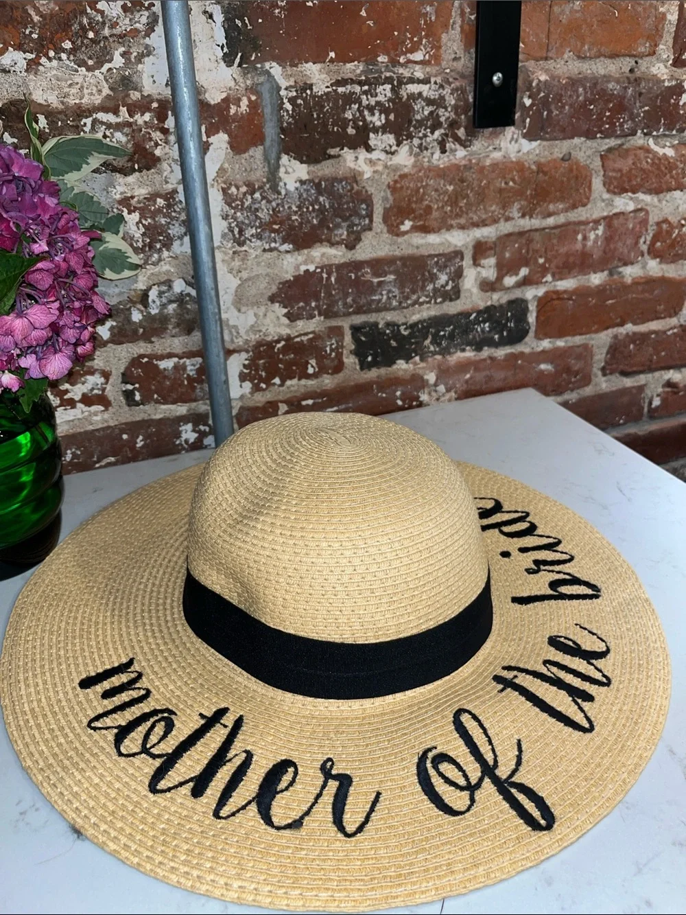 Embroidered 'Mother of the Bride' Straw Sun Hat with adjustable Black Band